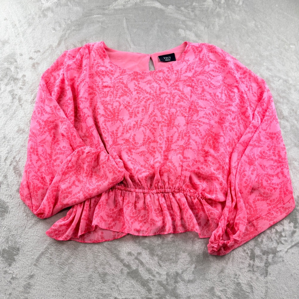 VICI Women's Medium Pink Floral Long Sleeve Peplum Blouse Sheer Sleeves